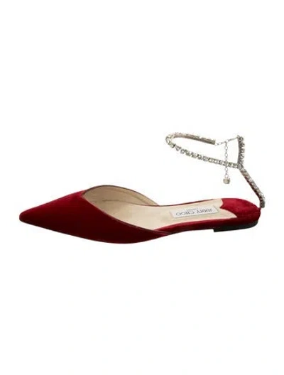 Pre-owned Jimmy Choo Velvet Crystal Embellishments Ballet Flats In Red