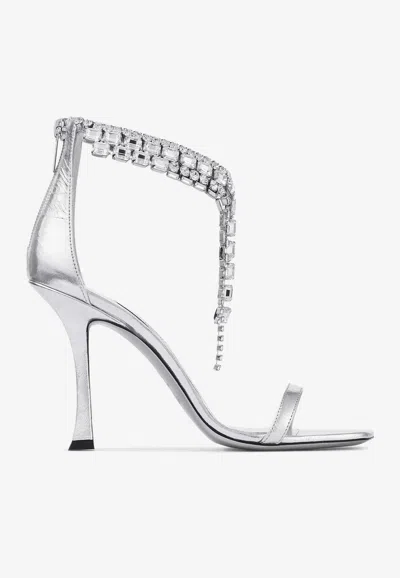 JIMMY CHOO VERITY 100 CRYSTAL-EMBELLISHED METALLIC LEATHER SANDALS
