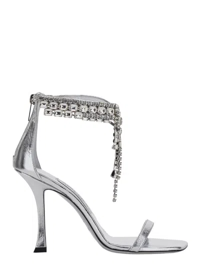 JIMMY CHOO 'VERITY' METALLIC SANDALS WITH HIGH STILETTO HEEL IN LEATHER AND CRYSTAL WOMAN