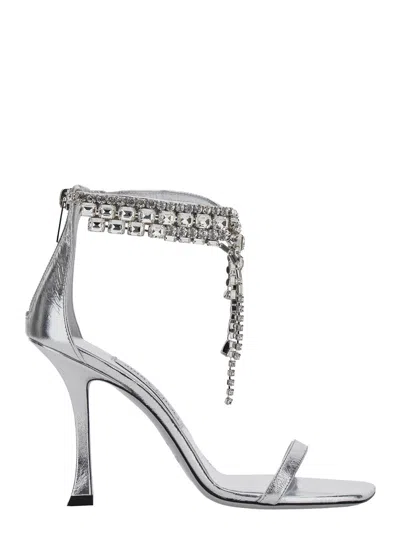 JIMMY CHOO JIMMY CHOO WOMEN 'VERITY' METALLIC SANDALS WITH HIGH STILETTO HEEL IN LEATHER AND CRYSTAL WOMAN