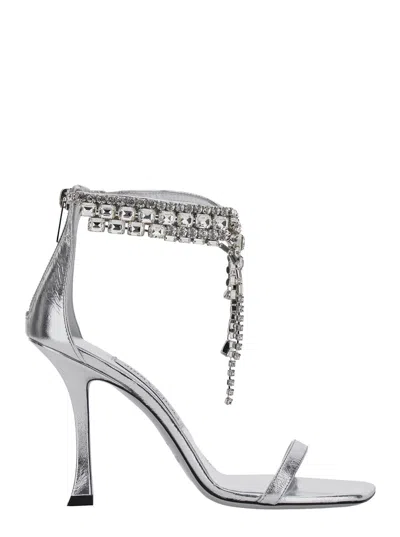 JIMMY CHOO VERITY METALLIC SANDALS WITH HIGH STILETTO HEEL IN LEATHER AND CRYSTAL WOMAN