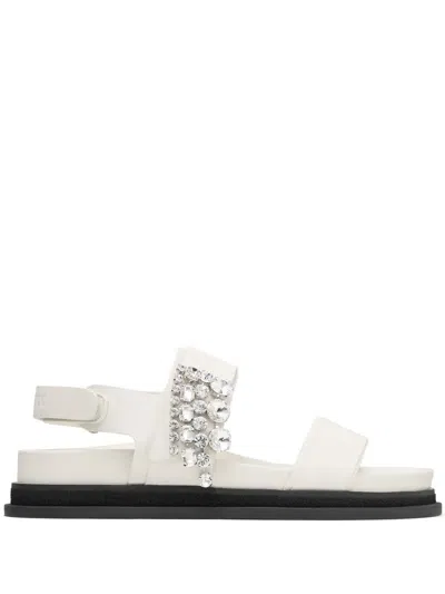 Jimmy Choo Verity Leather Crystal Flat Sandals In Latte/crystal