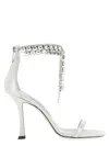 Jimmy Choo 'crystal' Metallic Sandals With Rhinestoned Ankle Strap And High Curved Heel In White