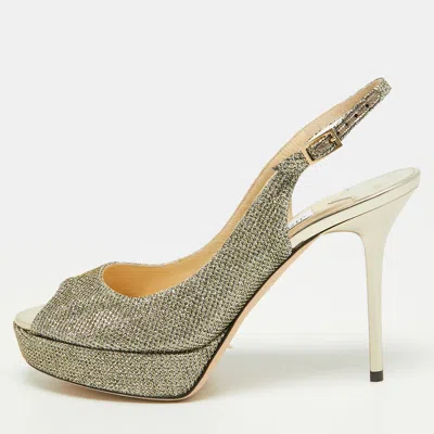 Pre-owned Jimmy Choo Verity Size 35 Metallic Lurex Fabric Peep Toe Platform Slingback Sandals In Silver