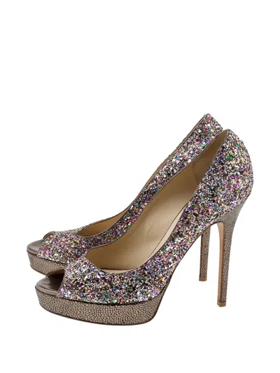 Pre-owned Jimmy Choo Vibe Glitter Peep-toe Pumps In Pink