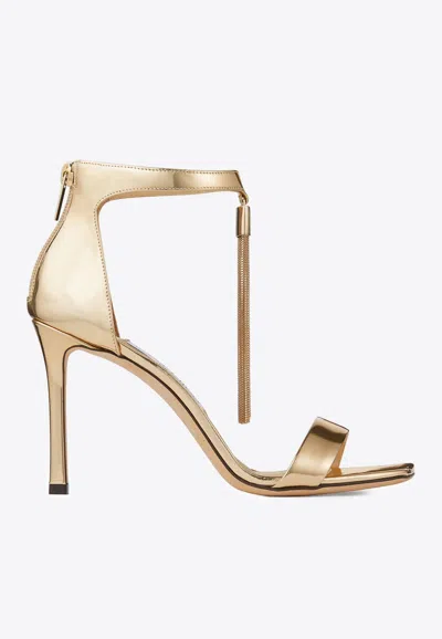 Jimmy Choo Vinca 95 Metal Fringe Sandals In Metallic Leather In Gold