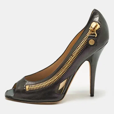 Jimmy Choo Vintage Purple Leather Zip Detail Open Toe Pumps In Black