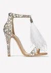 JIMMY CHOO VIOLA 110 CRYSTAL SUEDE SANDALS WITH FEATHER TASSEL,VIOLA 110 SXF WHITE/CRYSTAL MIX