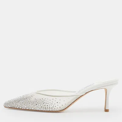 Pre-owned Jimmy Choo Vivi 65 Size 39 White Leather And Net Crystal Embellished Mules