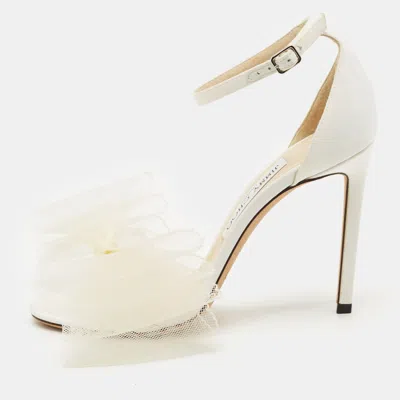 Pre-owned Jimmy Choo White Canvas And Mesh Aveline Bow Ankle Strap Pumps Size 38
