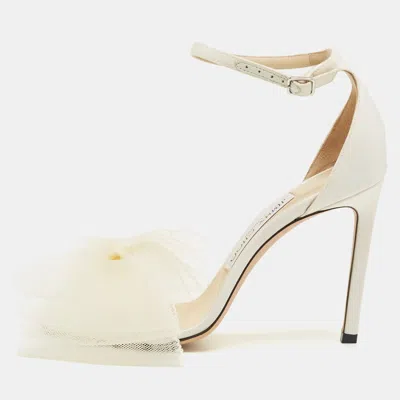 Pre-owned Jimmy Choo White Fabric Aveline Bow Ankle Strap Sandals Size 36