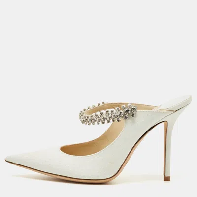 Pre-owned Jimmy Choo White Glitter Bing Crystal Embellished Pointed Toe Mule Size 37.5