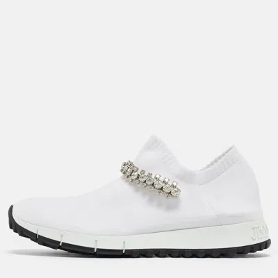 Pre-owned Jimmy Choo White Knit Fabric Crystal Embellished Low Top Sneakers Size 36