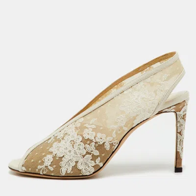 Pre-owned Jimmy Choo White Lace And Leather Shar Slingback Pumps Size 40