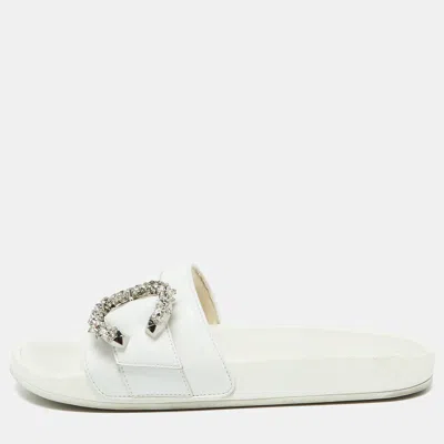 Jimmy Choo White Leather Crystal Embellished Flat Slides