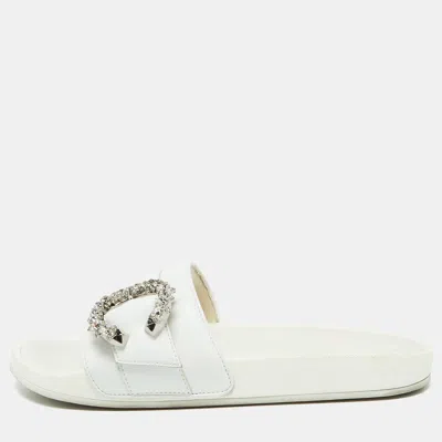 Pre-owned Jimmy Choo White Leather Crystal Embellished Flat Slides Size 41