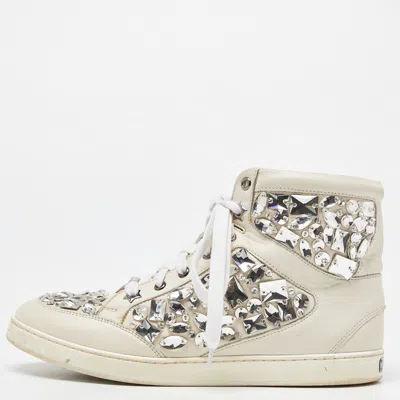Pre-owned Jimmy Choo White Leather Tokyo Crystal Embellished High Top Sneakers Size 37.5