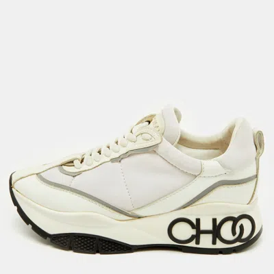Pre-owned Jimmy Choo White Neoprene And Leather Raine Lace Up Sneakers Size 35.5