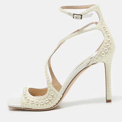 Pre-owned Jimmy Choo White Stain Pearl Embellished Azia Sandals Size 39