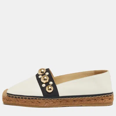 Jimmy Choo White/black Canvas And Leather Studded Embellished Espadrille Flats