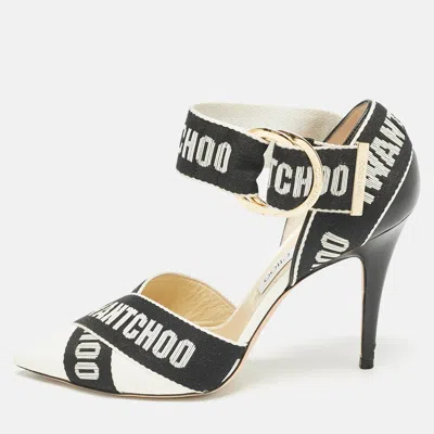 JIMMY CHOO WHITE/BLACK LEATHER AND FABRIC BEA ANKLE STRAP PUMPS