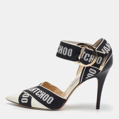 Pre-owned Jimmy Choo White/black Leather And Fabric Bea Ankle Strap Sandals Size 40