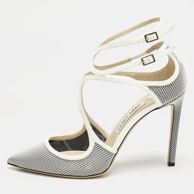 Pre-owned Jimmy Choo White/black Raffia And Patent Leather Lancer Pumps Size 40.5