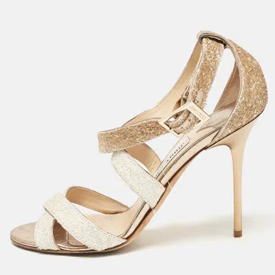 Pre-owned Jimmy Choo White/brown Coarse Glitter Lottie Sandals Size 39.5