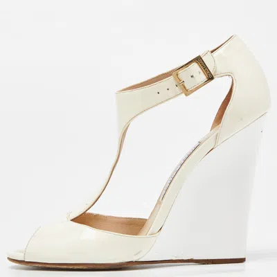 Jimmy Choo White/cream Patent Leather Token T Strap Wedges