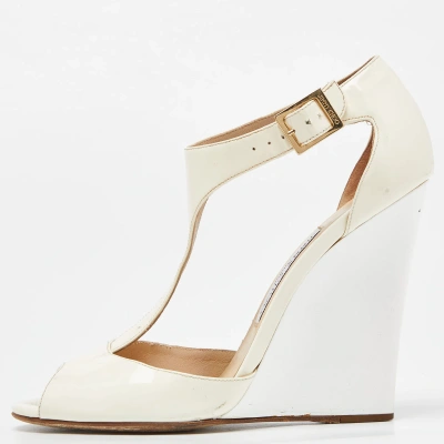 Pre-owned Jimmy Choo White/cream Patent Leather Token T Strap Wedges Size 38.5