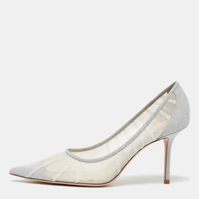 Pre-owned Jimmy Choo White/silver Glitter Tulle Love Pumps Size 39.5