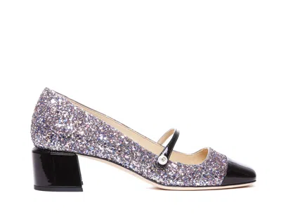 JIMMY CHOO 'ELISA 45' MULTICOLOR PUMPS WITH BLOCK HEEL IN GLITTER FABRIC AND PATENT LEATHER WOMAN