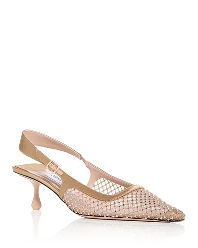 Jimmy Choo Amel 50 Crystal-embellished Mesh And Satin Slingback Pumps In Beige