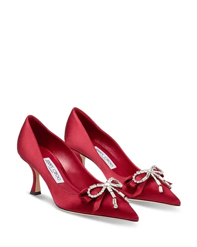 Jimmy Choo Aura 70 Crystal Bow-embellished Satin Pumps In Red
