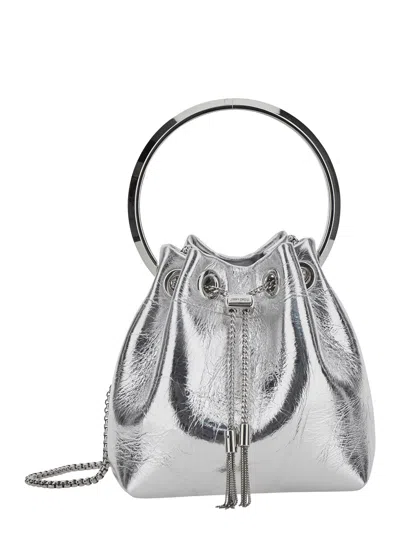 JIMMY CHOO JIMMY CHOO WOMEN 'BON BON' METALLIC HANDBAG WITH METAL BRACELET HANDLE AND CHAIN-LINK SHOULDER STRAP