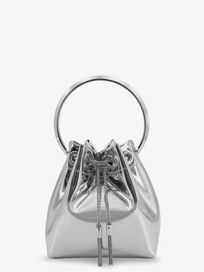 Jimmy Choo Women Bonbon Mirrored Fabric Bucket Bag In Silver
