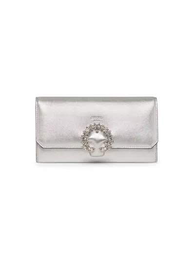 Jimmy Choo Women's Crystal-embellished Metallic Leather Wallet With Chain In Silver