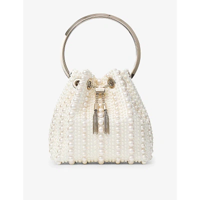 JIMMY CHOO WOMENS IVORY BON BON PEARL-EMBELLISHED SATIN TOP-HANDLE BAG