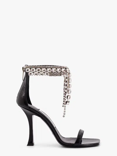JIMMY CHOO JIMMY CHOO WOMEN BLACK VINTAGE LEATHER SANDALS WITH CRYSTALS DETAIL