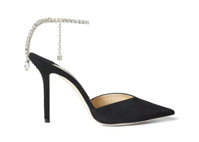 Pre-owned Jimmy Choo Women's  Saeda 100mm Pump Embellished Suede Sneakers In Black/crystal