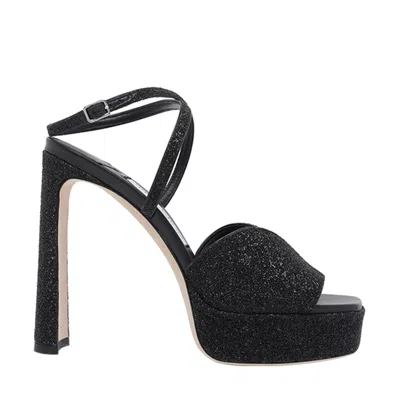 Jimmy Choo Karly 125 Glittered Leather Sandals In Black
