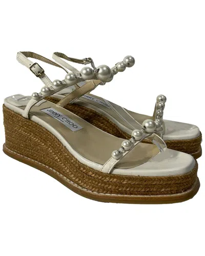 Pre-owned Jimmy Choo Women's Leather Latte Wedge Sandal (authentic Pre-loved) In Gray