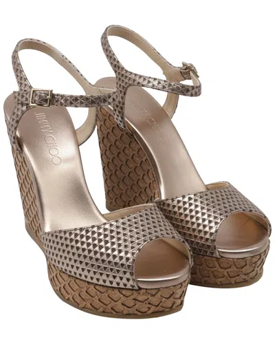 Pre-owned Jimmy Choo Women's Leather Patterned Peep-toe Wedge Sandal (authentic Pre-loved) In Gold