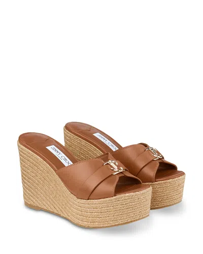 Jimmy Choo Leda 100 Leather Platform Wedge Sandals In Brown
