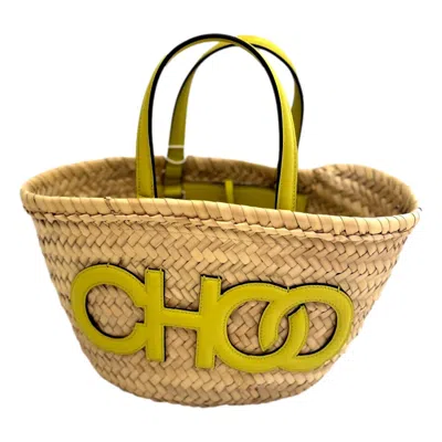 Jimmy Choo Women's Logo Crossbody Tote Bag In Natural Raffia Citron Yellow Trim In Multi