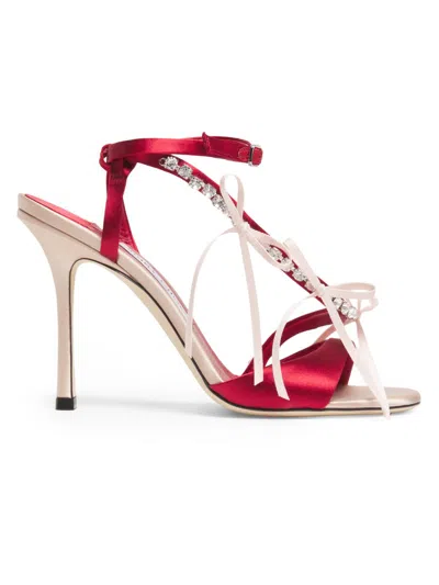 Jimmy Choo Lula Red Heeled Sandals With Crystal Straps And Shaped Bows In Satin Woman In Pink