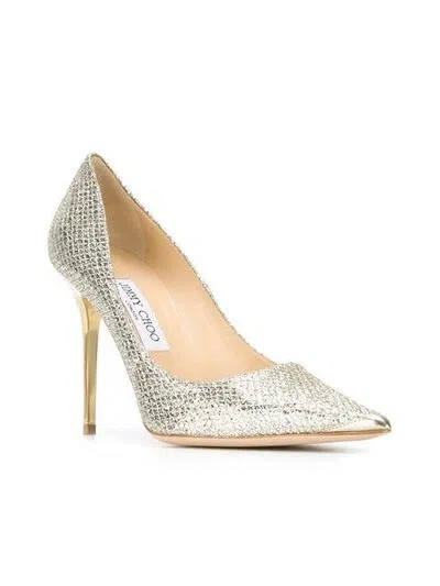 Pre-owned Jimmy Choo Women's Metallic Abel Champagne Glitter Pointy Toe Pumps Size 37.5 In White