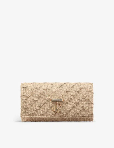 Jimmy Choo Avenue Raffia Wallet-on-chain In Natural/light Gold