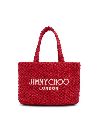 Jimmy Choo Women's Riviera Capsule Mini Logo-embroidered Raffia Beach Tote Bag In Red