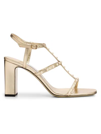 Jimmy Choo Women's Riviera Gwyn 85mm Pearl-embellished Leather T-strap Sandals In Neutral